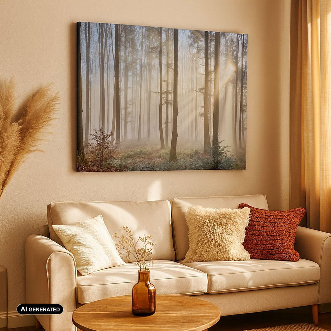 Bilder auf Leinwand 100x70cm Leinwandbild mit Rahmen Wald Baum Natur Gross Wanddeko Bild Schlafzimme