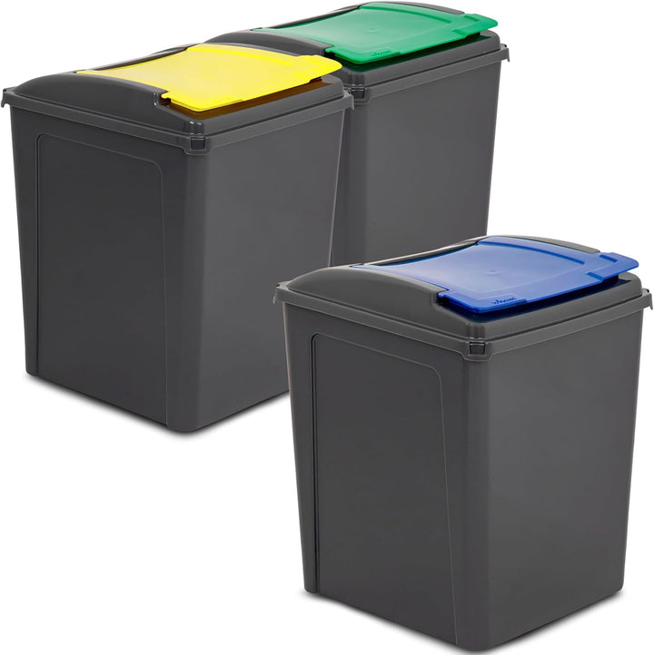 3x 50 Liter Mülltonne Schwarz-Gelb-Blau-Grün, Mülleimer Küche, Mülleimer 3 Fächer, Mülltrennsystem 3