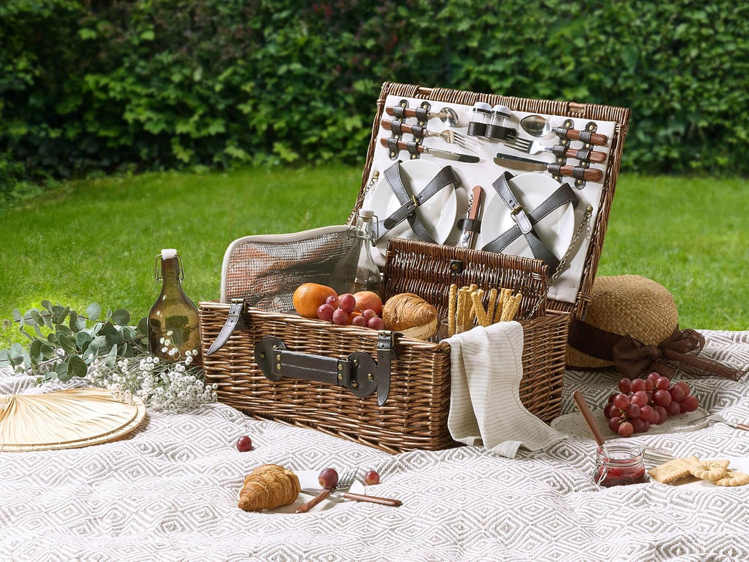 Picknickkorb 4 Personen Weide braun Kühltasche Teller Besteck Weingläser Pruneau