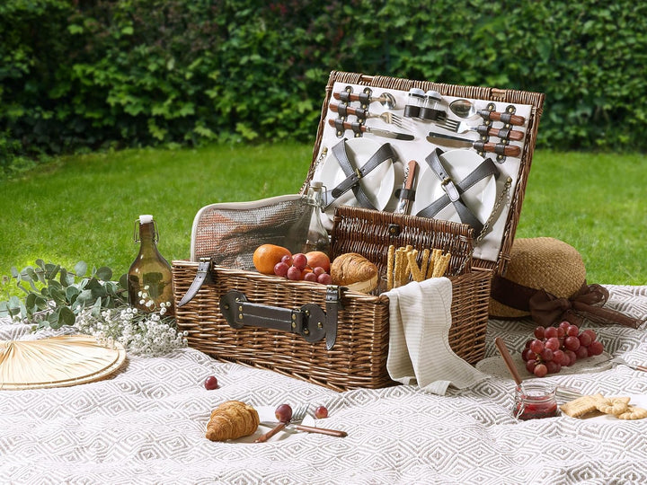 Picknickkorb 4 Personen Weide braun Kühltasche Teller Besteck Weingläser Pruneau