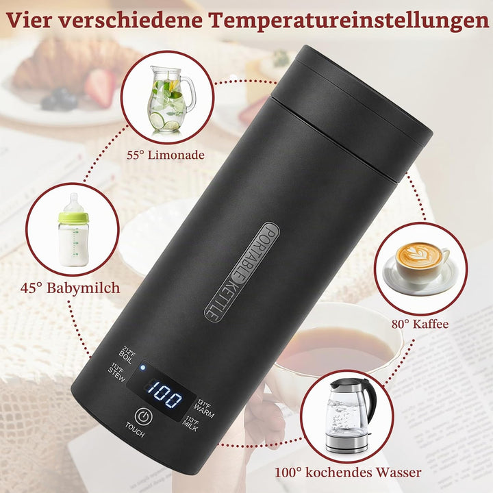 Herbst Reisewasserkocher Klein 500ML, Tragbarer Reise Wasserkocher mit Temperatureinstellung, Portab