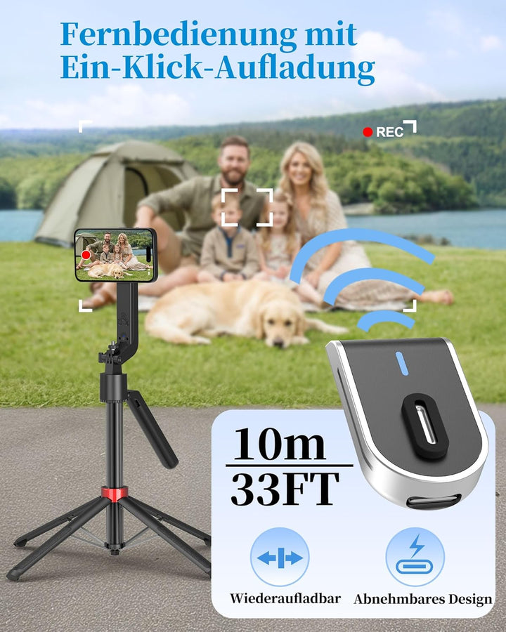 PlusAcc 184cm Auto Face Tracking Stativ – Magnetischer Selfie Stick für iPhone, 360° Drehung Halter