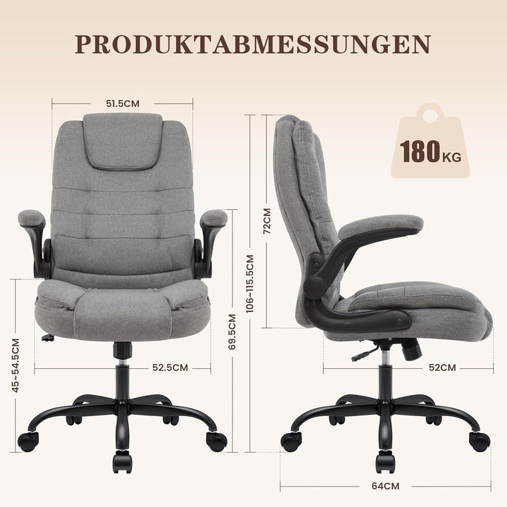 IWMH Ergonomischer Bürostuhl 180KG, Schreibtischstuhl mit Hochklappbaren Armlehnen, Chefsessel Stoff