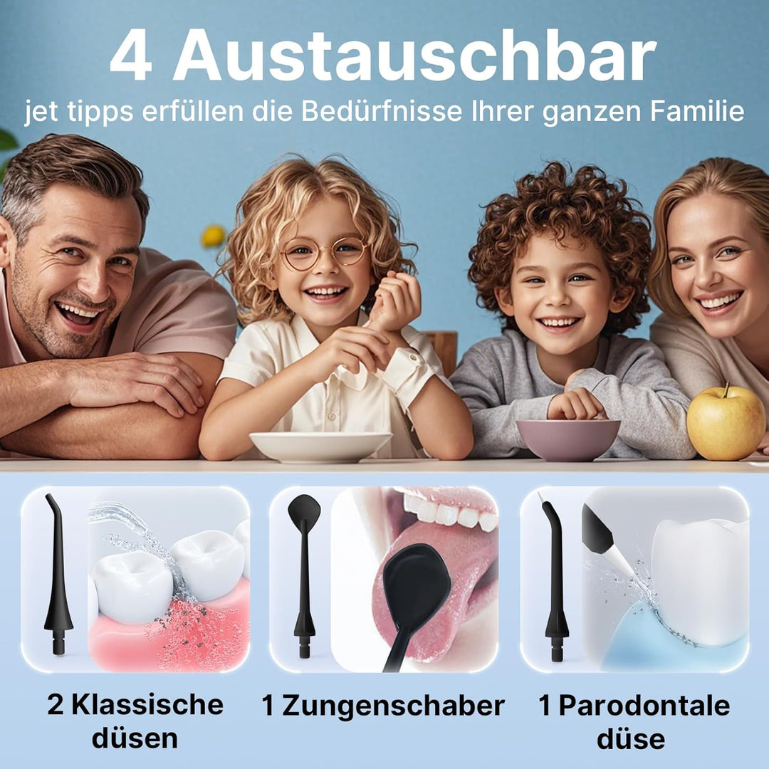 TUREWELL Munddusche Kabellos, Elektrische Zahnreiniger mit 5 Modi, 4 Düsen, 310ML Wassertank & IPX7