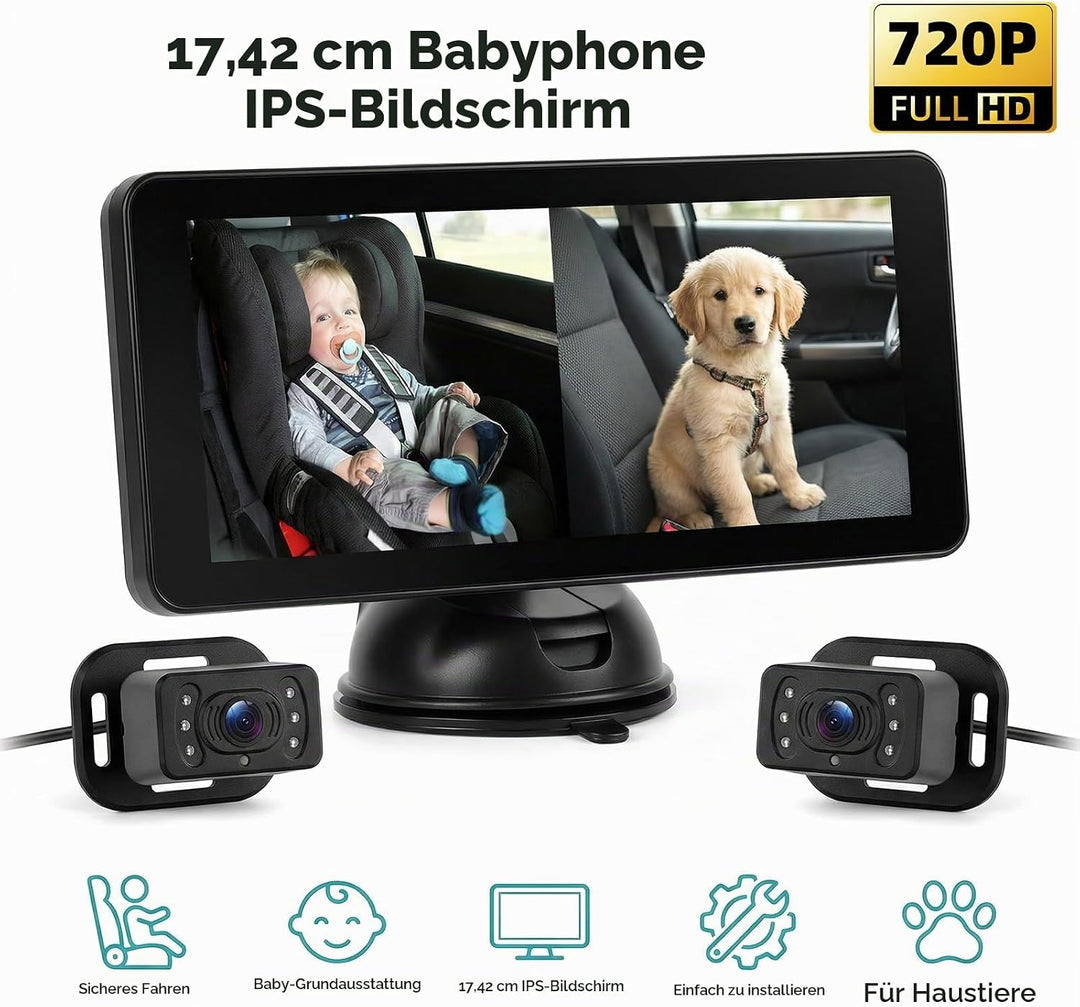 SIXTOP Baby Auto Kamera mit 6.86" IPS Monitor, Nachtsicht &amp; 90° Weitwinkel 2 HD Rücksitzkameras, Sic
