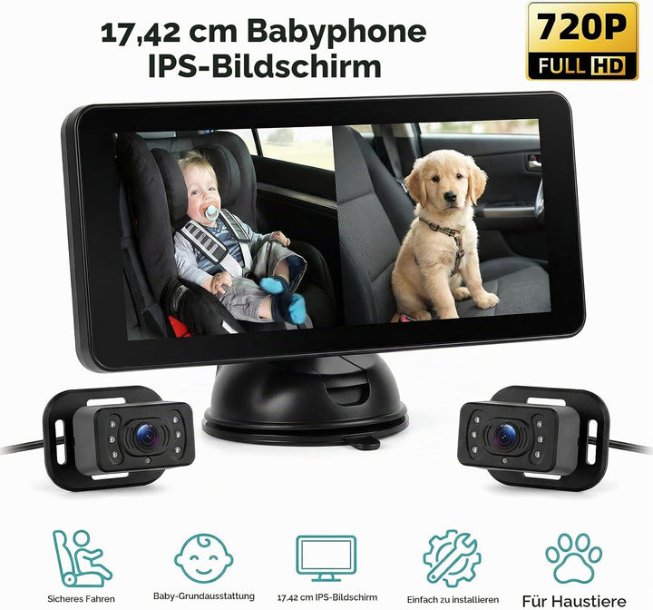 SIXTOP Baby Auto Kamera mit 6.86" IPS Monitor, Nachtsicht &amp; 90° Weitwinkel 2 HD Rücksitzkameras, Sic
