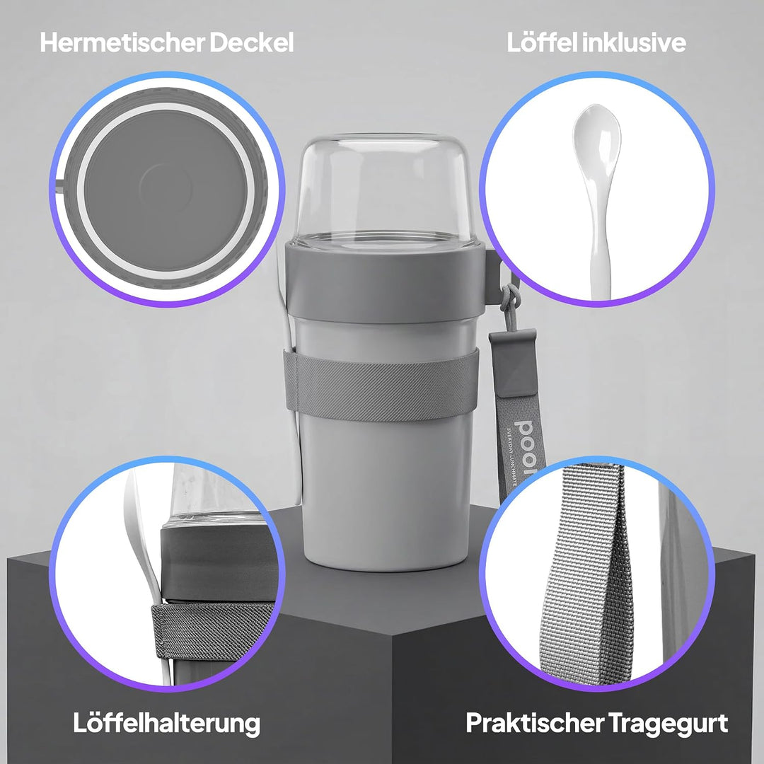Müslibecher, auslaufsicherer Joghurtbecher to go mit Löffel, für Müsli, Joghurt, Frühstücksbecher au