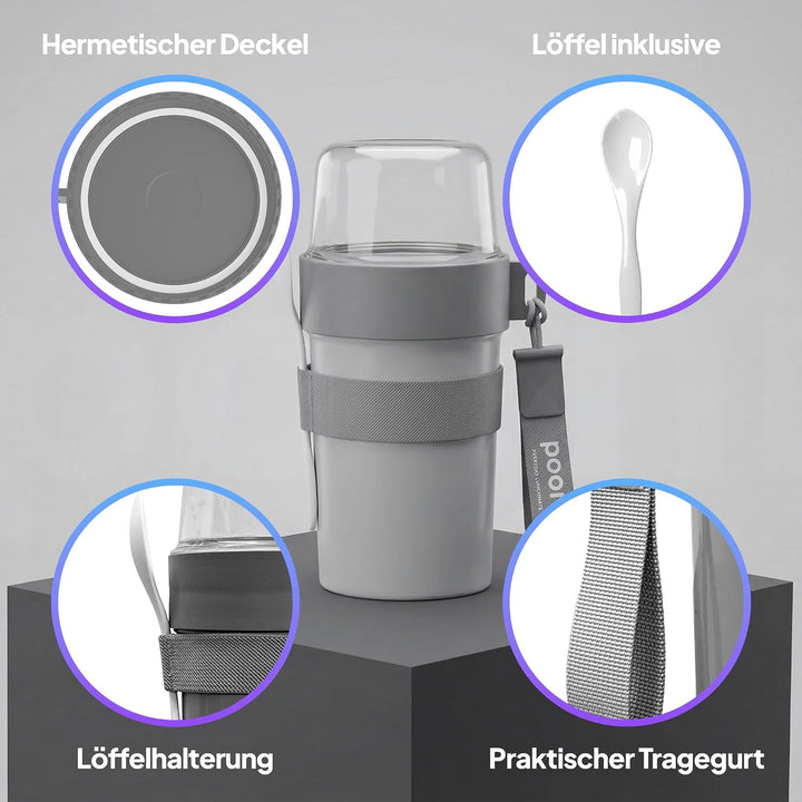 Müslibecher, auslaufsicherer Joghurtbecher to go mit Löffel, für Müsli, Joghurt, Frühstücksbecher au