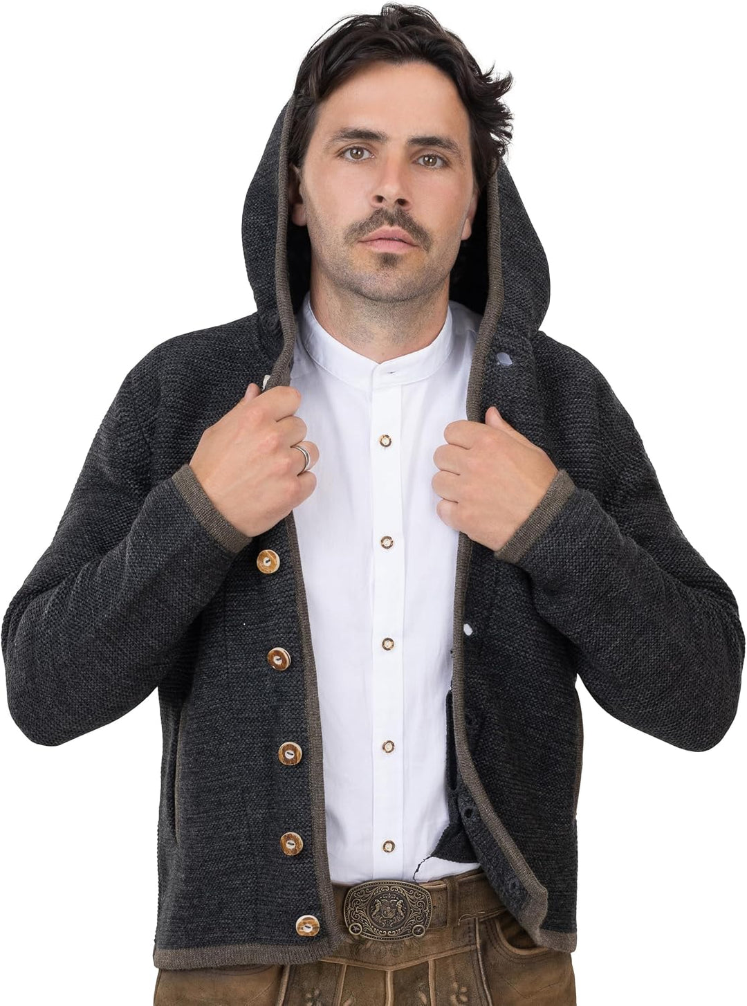 Herren Trachtenjacke mit Kapuze – Trachten-Strick-Jacke aus Wolle – Hoodie Strickjacke Grau/Anthrazi