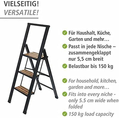 WENKO Leichte Aluminium Trittleiter mit 3 Stufen für 75 cm höheren Stand, rutschsichere XXL-Stufen,