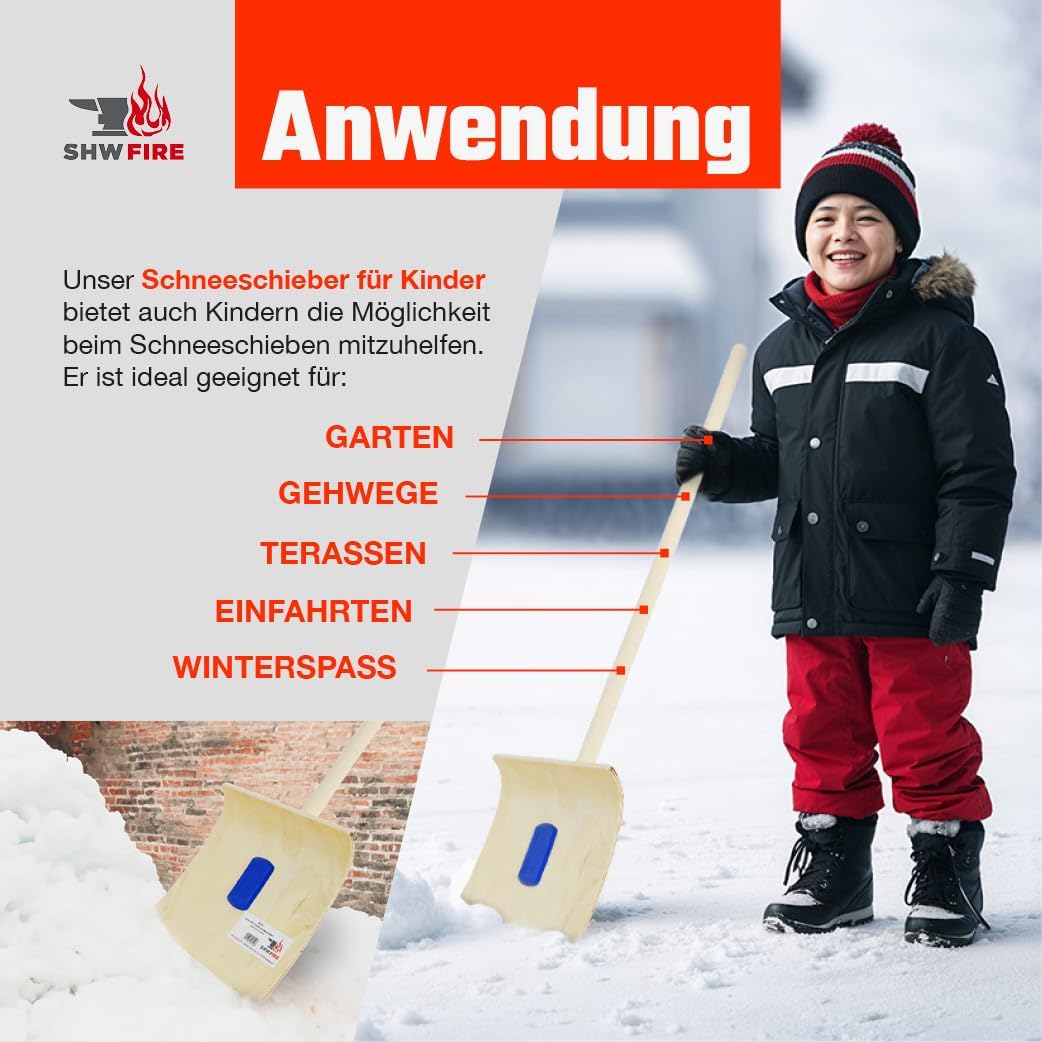 Schneeschieber für Kinder mit 26 cm Schaufel und 75 cm Holzstiel, Schaufel aus 5-lagigem Sperrholz,