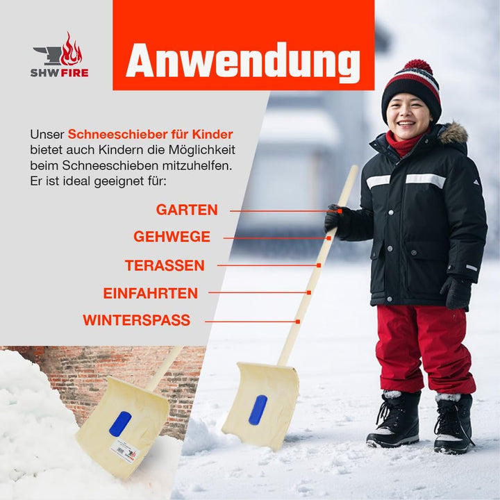 Schneeschieber für Kinder mit 26 cm Schaufel und 75 cm Holzstiel, Schaufel aus 5-lagigem Sperrholz,