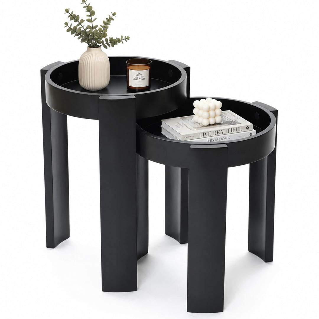 Hometopia 2er Holz Beistelltisch Schwarz mit Tablett, Couchtisch Rund | Runde Satztische aus MDF,Nes