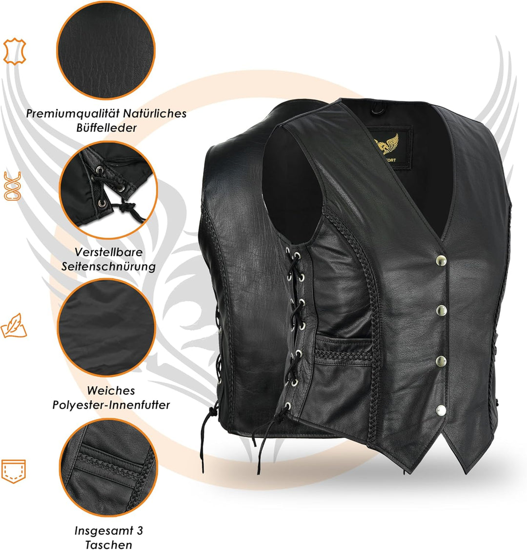 Leatherick Damen Braided motorradfahrer stil Leder weste schwarz M Schwarz, M Schwarz