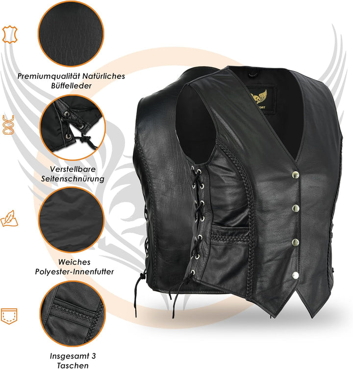 Leatherick Damen Braided motorradfahrer stil Leder weste schwarz M Schwarz, M Schwarz