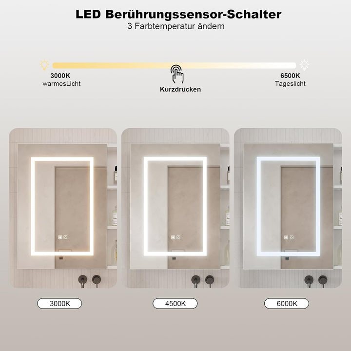 Beleuchteter Spiegelschrank für Badezimmer, LED-Spiegelschrank mit Antibeschlagfunktion, Wandmontage