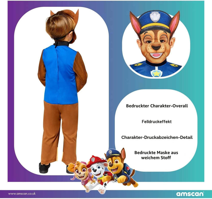 amscan Offiziell lizenziertes klassisches Chase Pfotenpatrouille Kostüm für Kinder Jungen 3-4 Jahre,