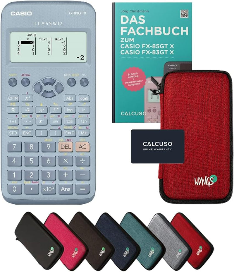 CALCUSO Standardpaket: Casio FX-83GT X Blau + WYNGS Schutztasche rot + Fachbuch von CALCUSO + Erweit