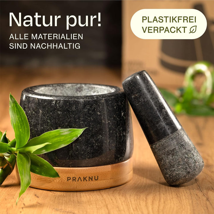 Mörser aus Granit klein mit Stössel - Für ein feines Mahlergebnis - Mit Untersetzer aus nachhaltigem