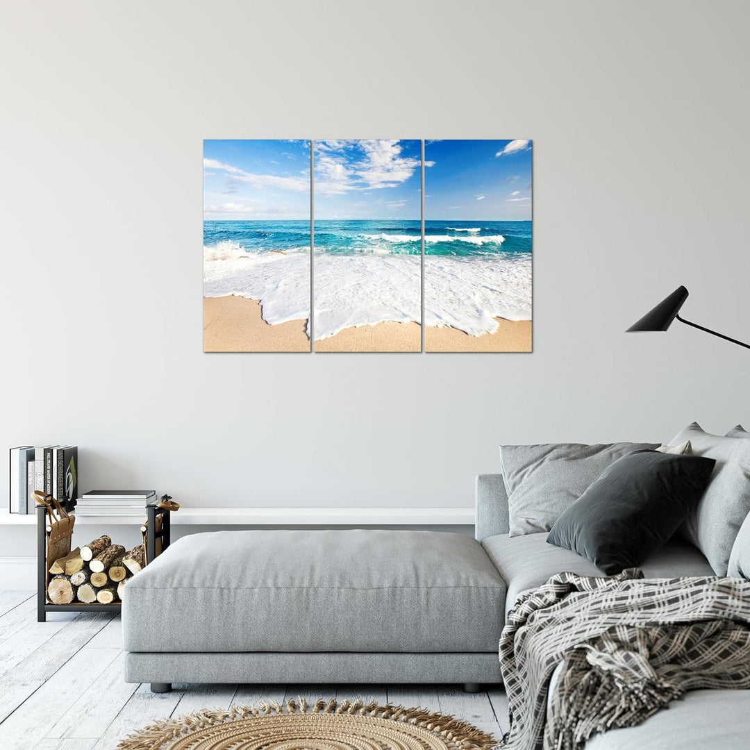 Runa Art Wandbilder Strand Meer Bild XXL Schlafzimmer Wohnzimmer Beige Blau Welle 120 x 80 cm 3 Teil