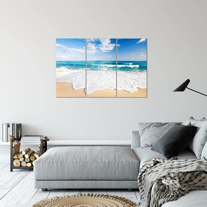 Runa Art Wandbilder Strand Meer Bild XXL Schlafzimmer Wohnzimmer Beige Blau Welle 120 x 80 cm 3 Teil