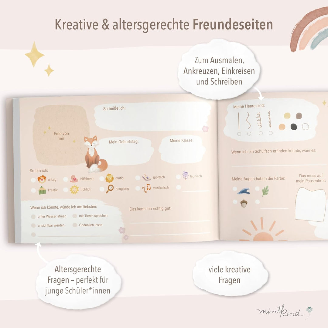 mintkind Freundebuch Grundschule – Boho Fuchs, Hardcover, 80 Seiten, DIN A5 quer, 140g Naturpapier,