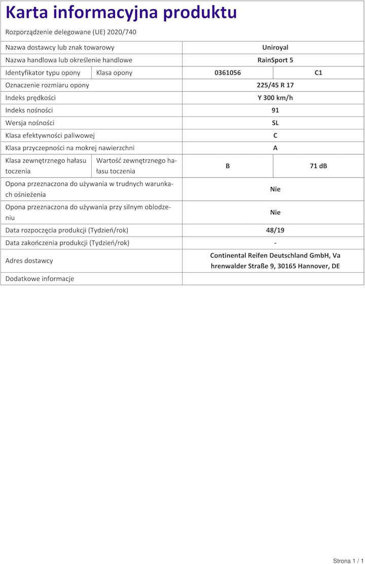 Uniroyal RainSport 5 - 225/45 R17 91Y FR - C/A/71 - Sommerreifen (PKW) 225/45R17 91Y - FR, 225/45R17