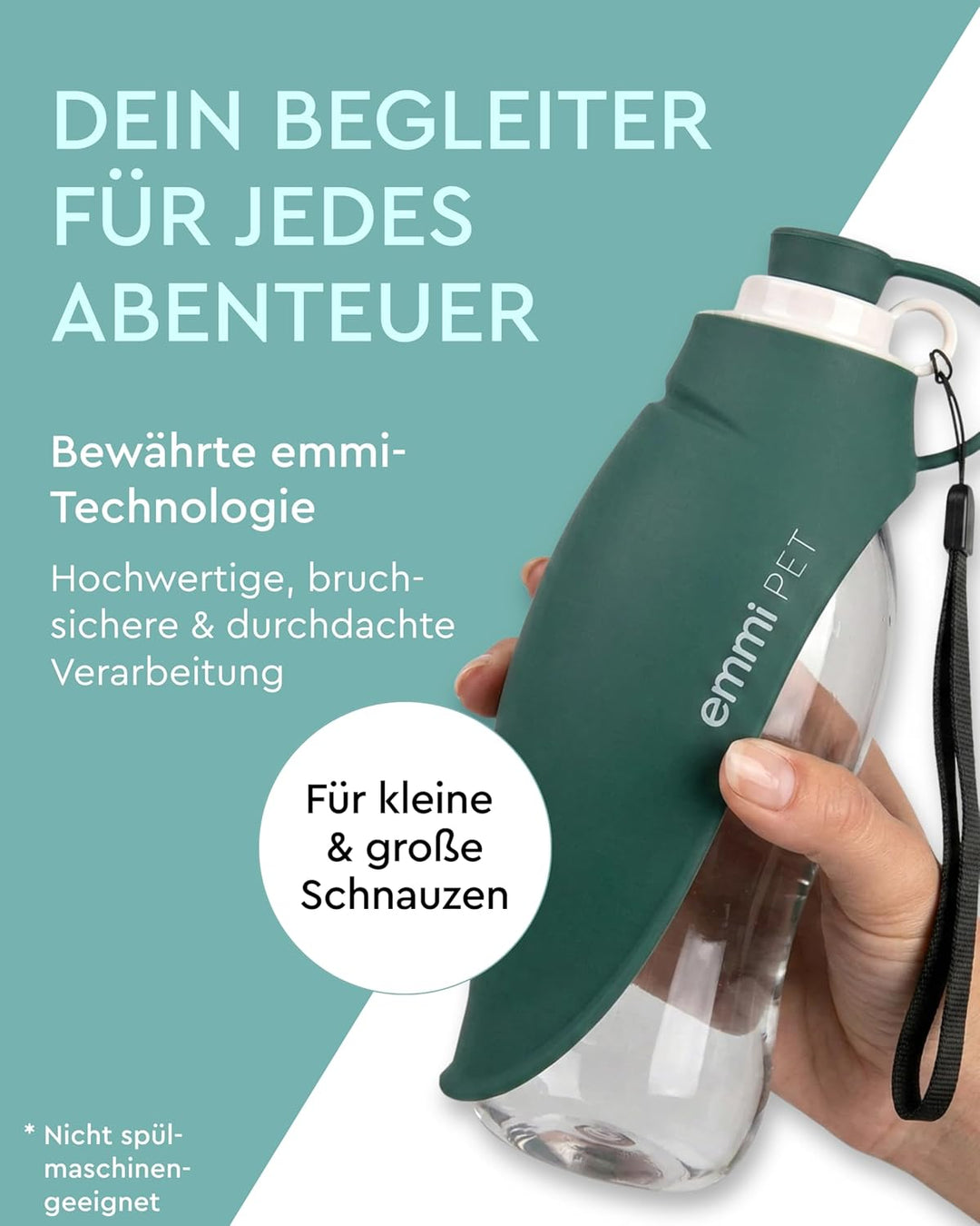 emmi-PET Hundetrinkflasche in Dunkelgrün I 580 ml I Auslaufsichere Trinkflasche mit integriertem Nap