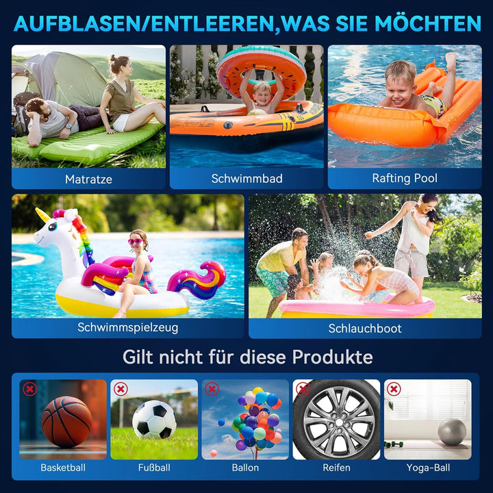 Elektrische Luftpumpe, 4000mAh Akku Pumpe mit 3 Düsen,Wiederaufladbare Luftpumpe,Schnellem Aufblasen