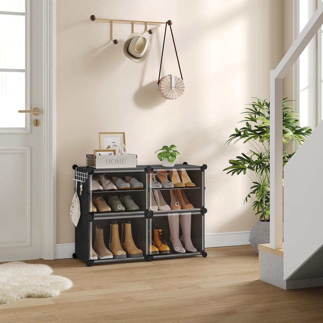 WOLTU Schuhregal, Schuhschrank mit 4 Fächern, Platzsparend, Mit Haken, Schuhablage Kunststoff, für F