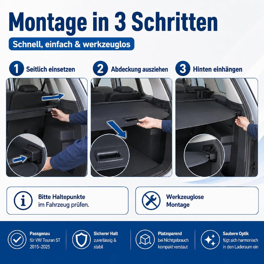 Callume Kofferraumabdeckung Schwarz Kompatibel mit VW Touran 5T 2015-2025 5TA867871 5TA867871A 5TA86