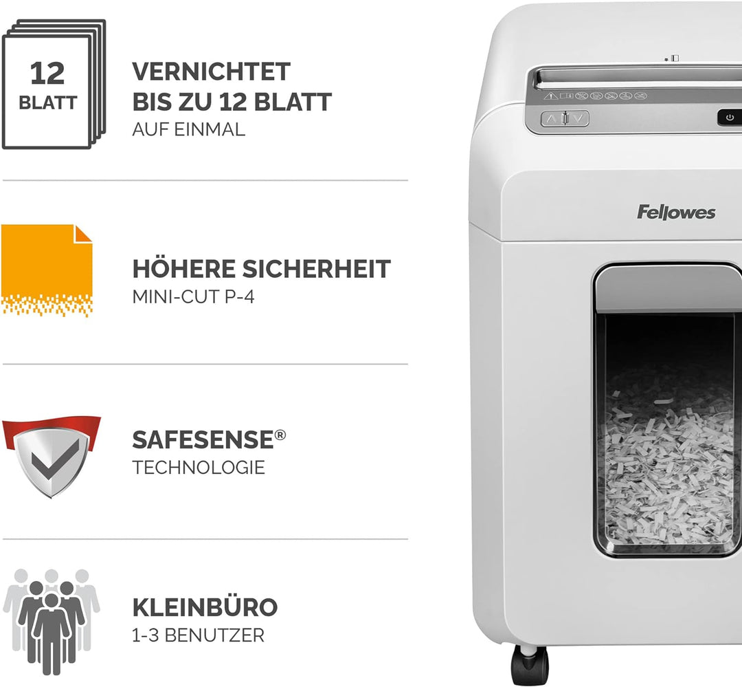 Fellowes Aktenvernichter 12Ms, 12 Blatt Minicut (P4), Papierschredder für Büro, Homeoffice, Schredde