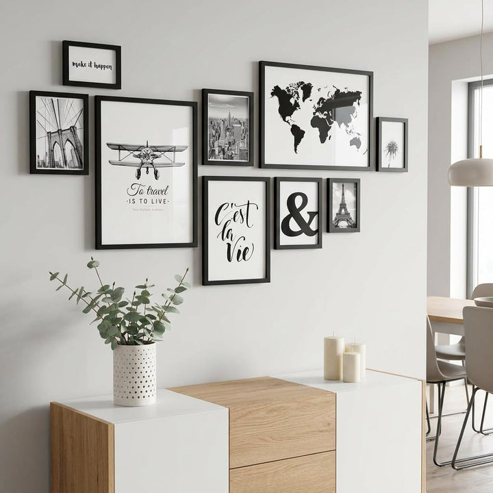 PHOTOLINI schwarze Bilderrahmen Set verschiedene Grössen, 9 Bilderrahmen schwarz Holz MDF, Bilder Ra
