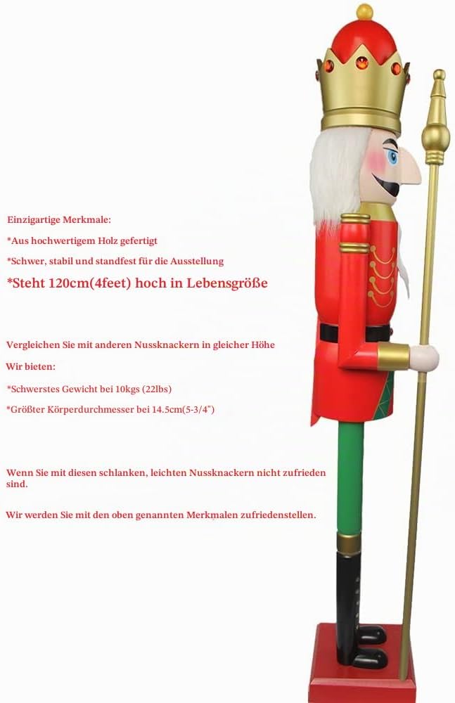 CDL 120cm hoch lebensgross gross rot Weihnachtsdekoration Holz Nussknacker König auf Ständer hält go