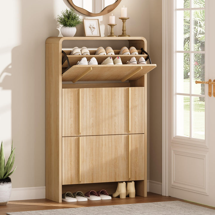 LUXOAK Schuhschrank mit 3 Klappen, Verstellbare Trennwände & Anti-Kipp-Sicherung, Abgerundete Ecken,