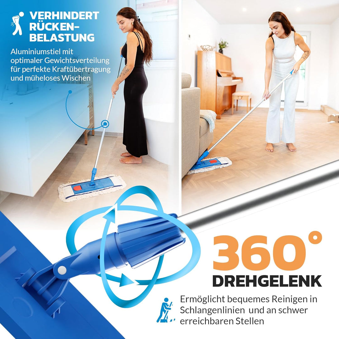 VIOVIE Premium WISCHER Set 40CM | Baumwoll-Wischmopp | 140 cm Alustiel | Magnethalter mit 1 klick Sy