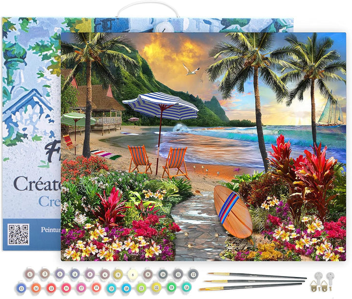Figured'Art Malen Nach Zahlen Erwachsene Mit Rahmen Palme am Strand - Paint by Numbers Basteln DIY B