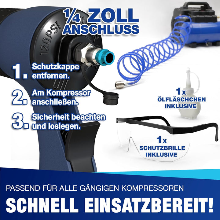 Druckluft Nagler Tacker Klammergerät Koffer Nägel Klammern 2-In-1 HZW.6070 Arbeitsdruck 8,3 bar inkl