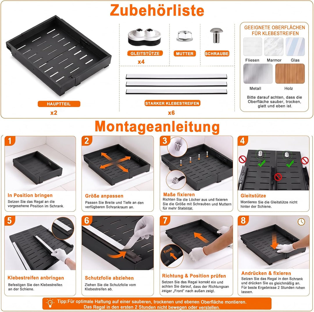 PNNP Teleskopschublade Küche Ausziehbare Schublade: Einstellbare Breite Schrank Organizer (32–53 cm
