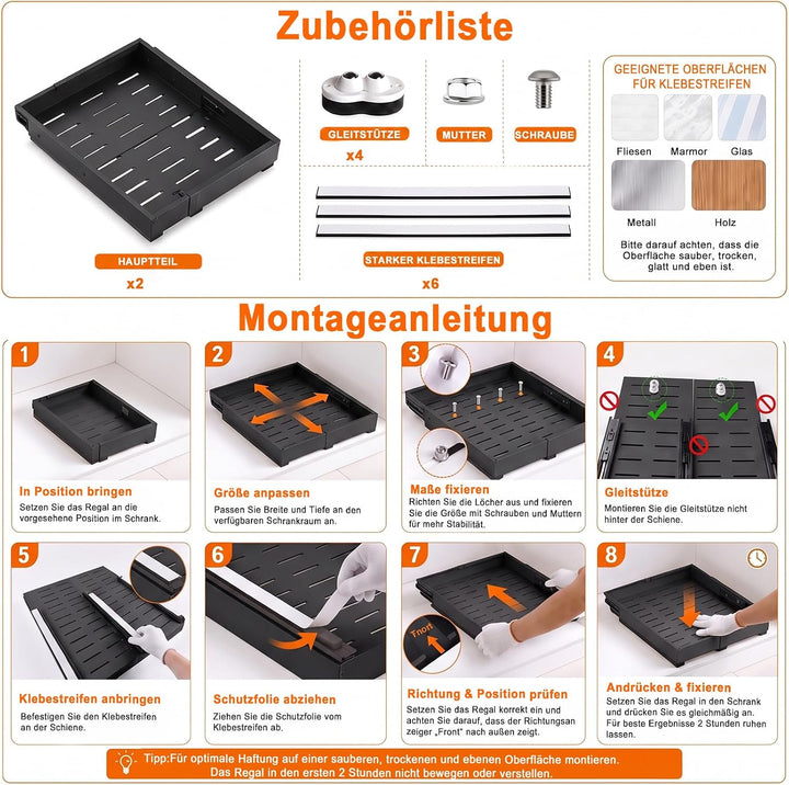 PNNP Teleskopschublade Küche Ausziehbare Schublade: Einstellbare Breite Schrank Organizer (32–53 cm