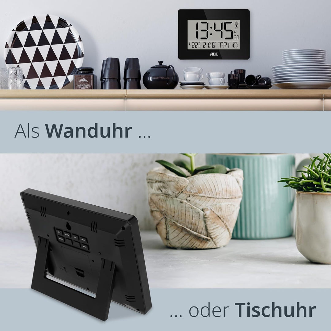 ADE Grosse Funkuhr digital mit XXL-Ziffern | Tischuhr mit Kalender und Wochentag | Digitale Uhr mit