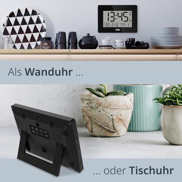 ADE Grosse Funkuhr digital mit XXL-Ziffern | Tischuhr mit Kalender und Wochentag | Digitale Uhr mit