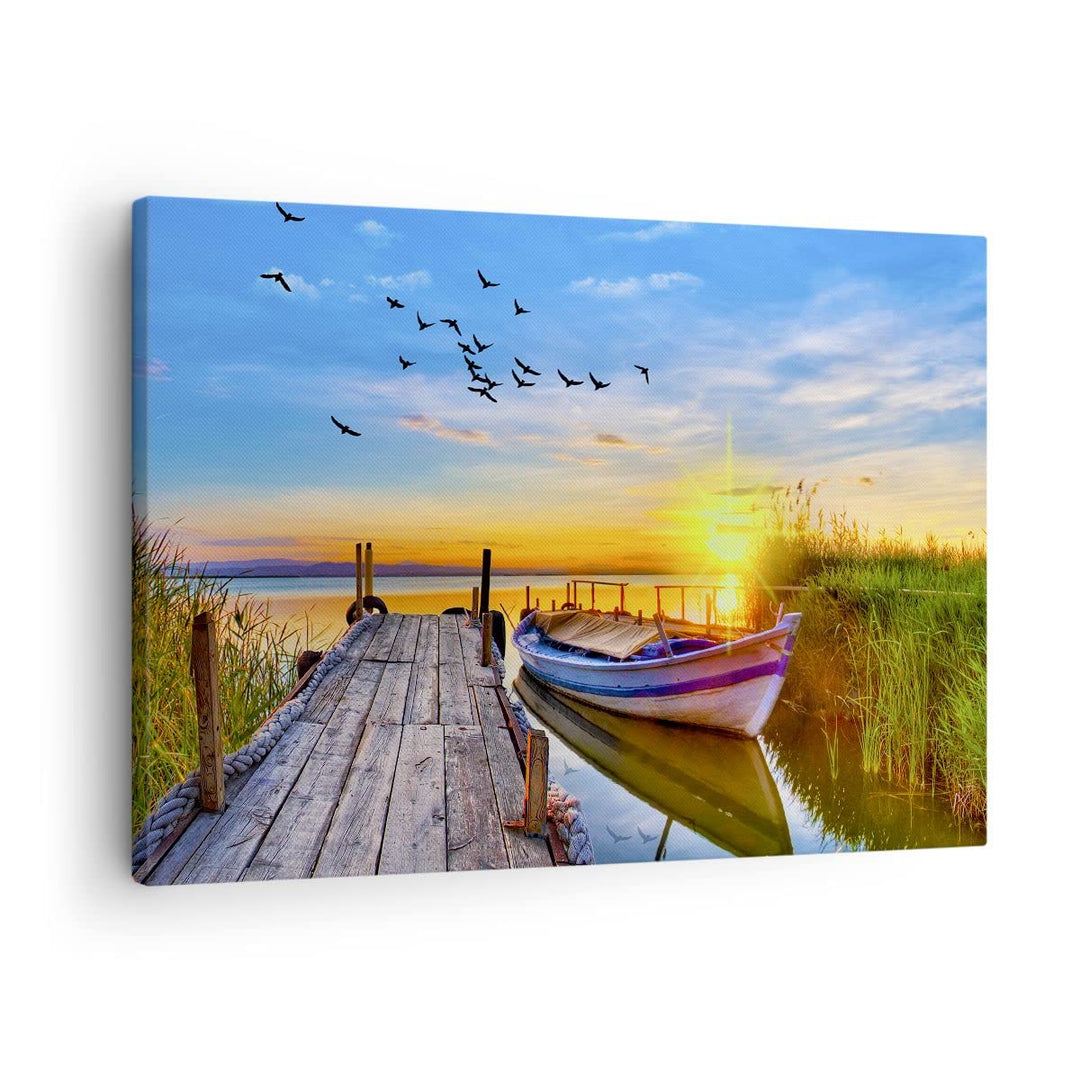 Bilder auf Leinwand See Boot Wasser Leinwandbild mit Rahmen 70x50cm Wandbilder Dekoration Wohnzimmer