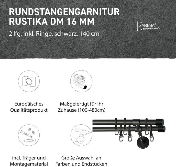 Garesa Gardinenstange Rustika Ø 16mm, 2-läufig, Schwarz I Rustikale Vorhangstange aus Metall inkl. R