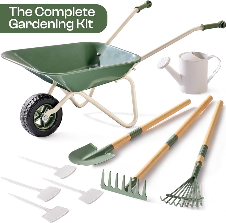 ROBUD Kinder Schubkarre Metall mit Kinder Gartenwerkzeug Set, Schubkarre mit Langer Schaufel, Hacke,