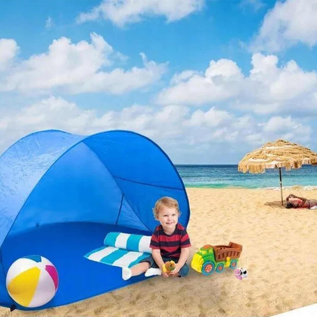 KRUMAD Strandmuschel Pop Up 200 x 120 x 85 cm, Grosses Strandzelt für Baby und Erwachsene, Selbstauf