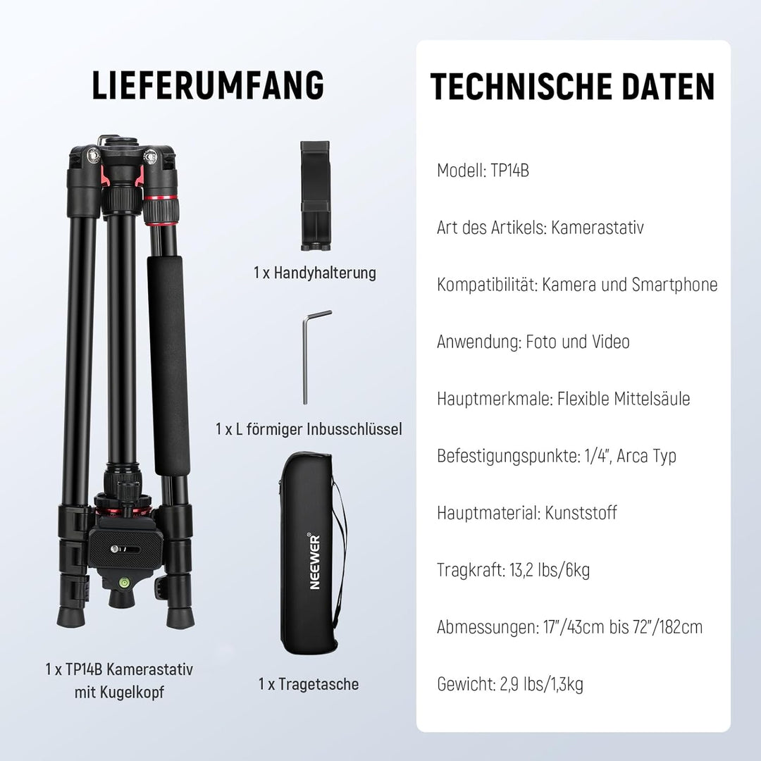 NEEWER Basics 72" / 182cm Reisestativ Einbeinstativ kompakter Leichter tragbarer Kamera Stativ Ständ