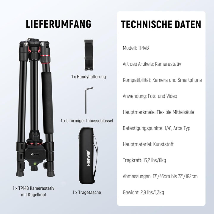 NEEWER Basics 72" / 182cm Reisestativ Einbeinstativ kompakter Leichter tragbarer Kamera Stativ Ständ