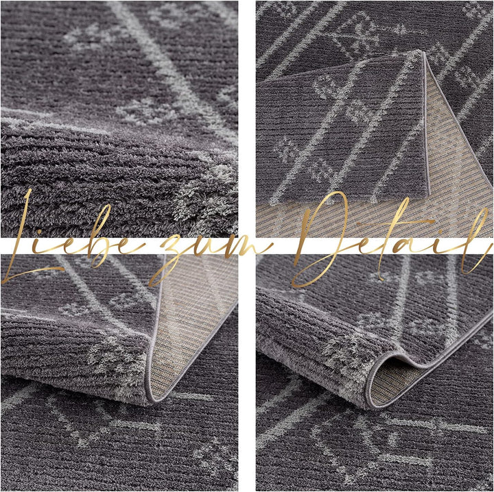 payé Teppich Wohnzimmer Ethno Berbermuster - Grau 140x200cm - Hochflor weich Boho Schlafzimmer Flur