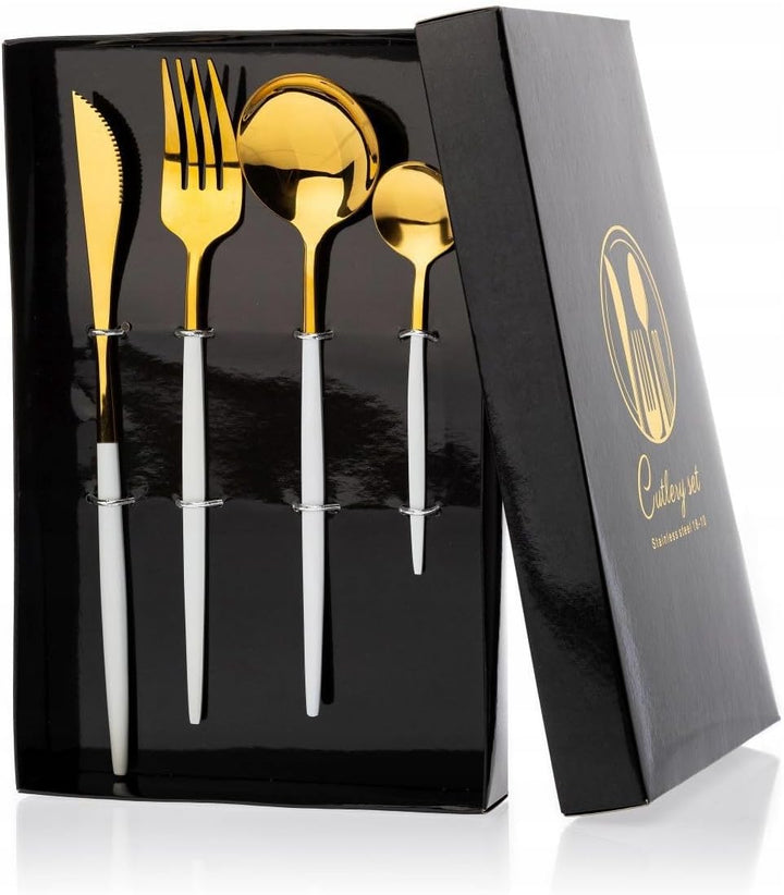 "HowHomely Goldenes Besteck Set 4 Elemente - Besteckset Gold - Essbesteck Gabeln, Messer und 2x Löff